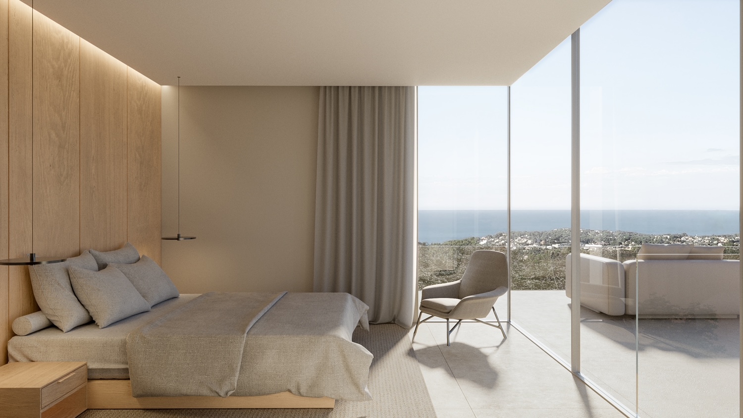 Dormitorio principal con pared de madera clara y vistas al mar desde la terraza.