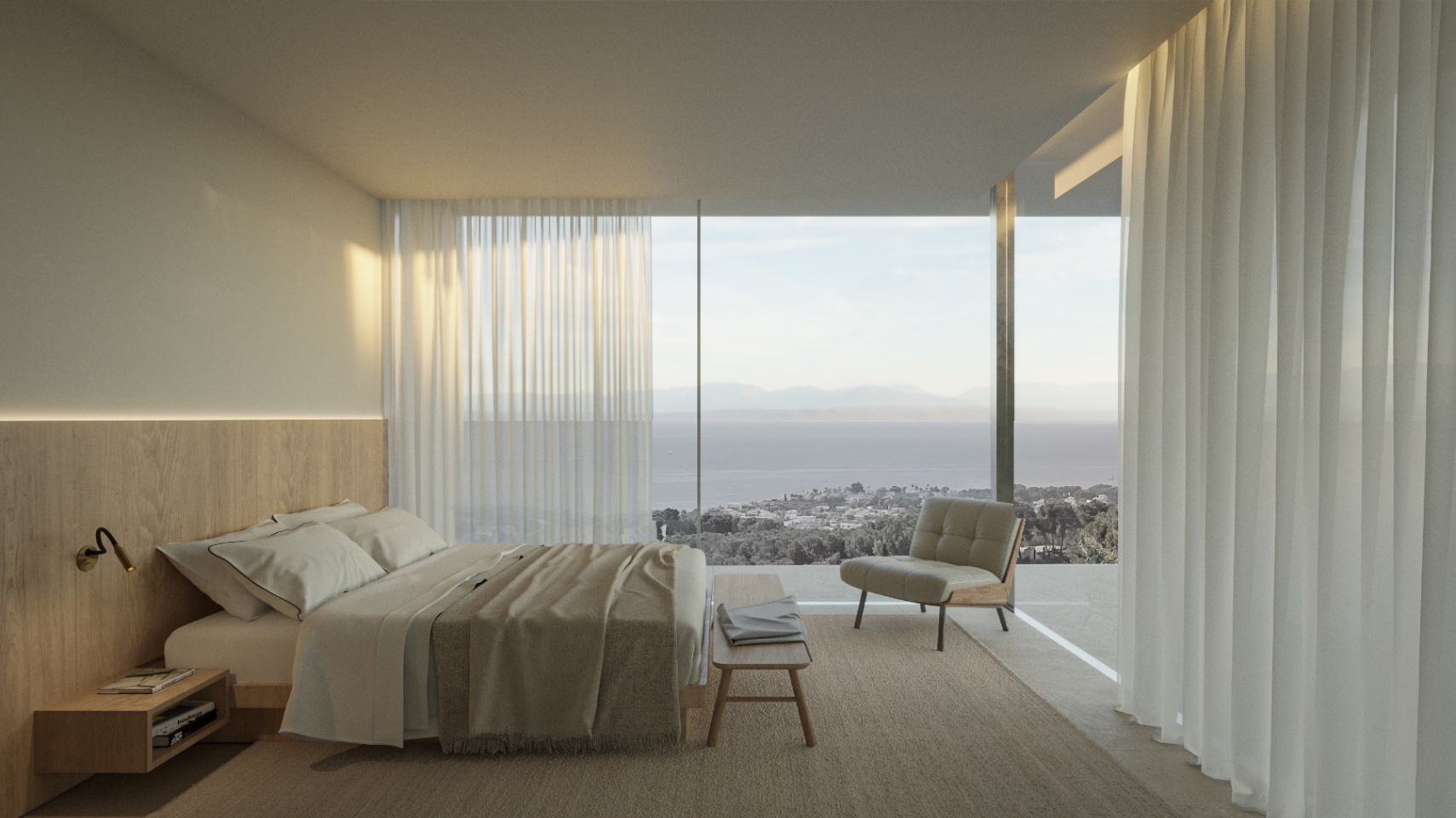 Dormitorio principal con ventanales de suelo a techo, vistas panorámicas al mar, panelado de madera natural e iluminación LED integrada en el techo.