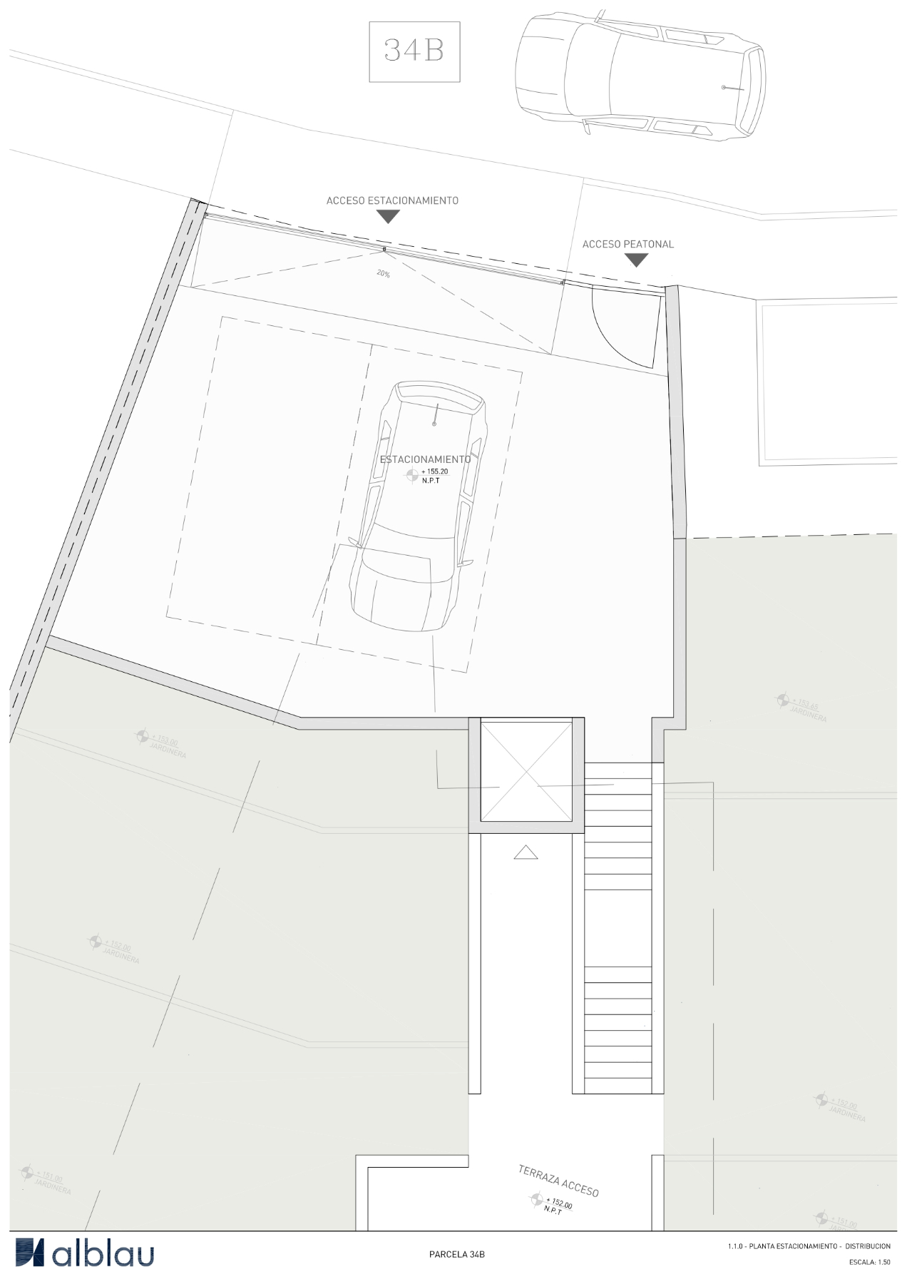 Plano técnico de la planta de estacionamiento que muestra el acceso vehicular y peatonal, zona para dos vehículos, núcleo de ascensor y escalera exterior hacia la vivienda.