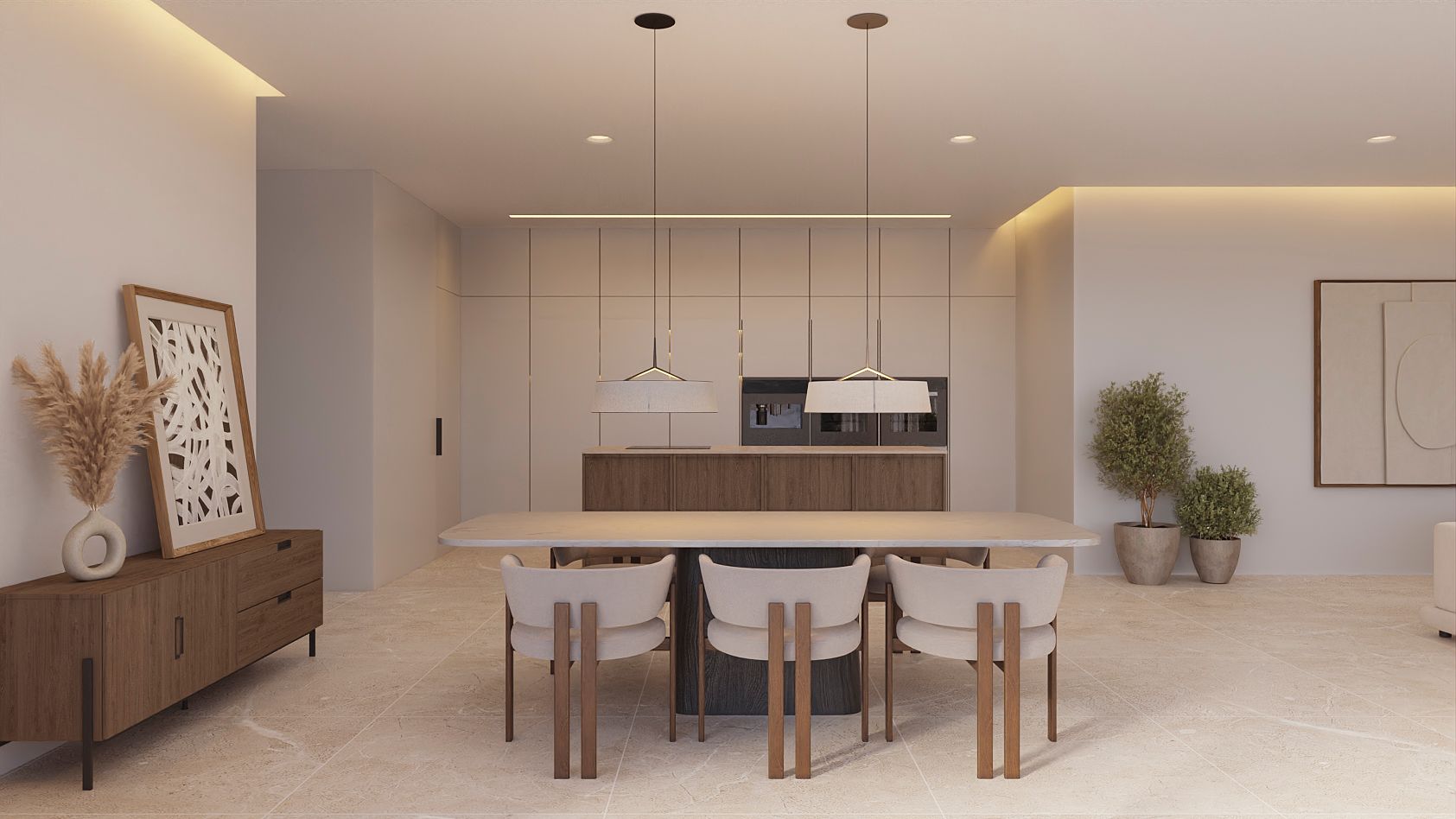 Comedor de concepto abierto con mesa de piedra, sillas de diseño y cocina minimalista con isla de madera e iluminación LED integrada.