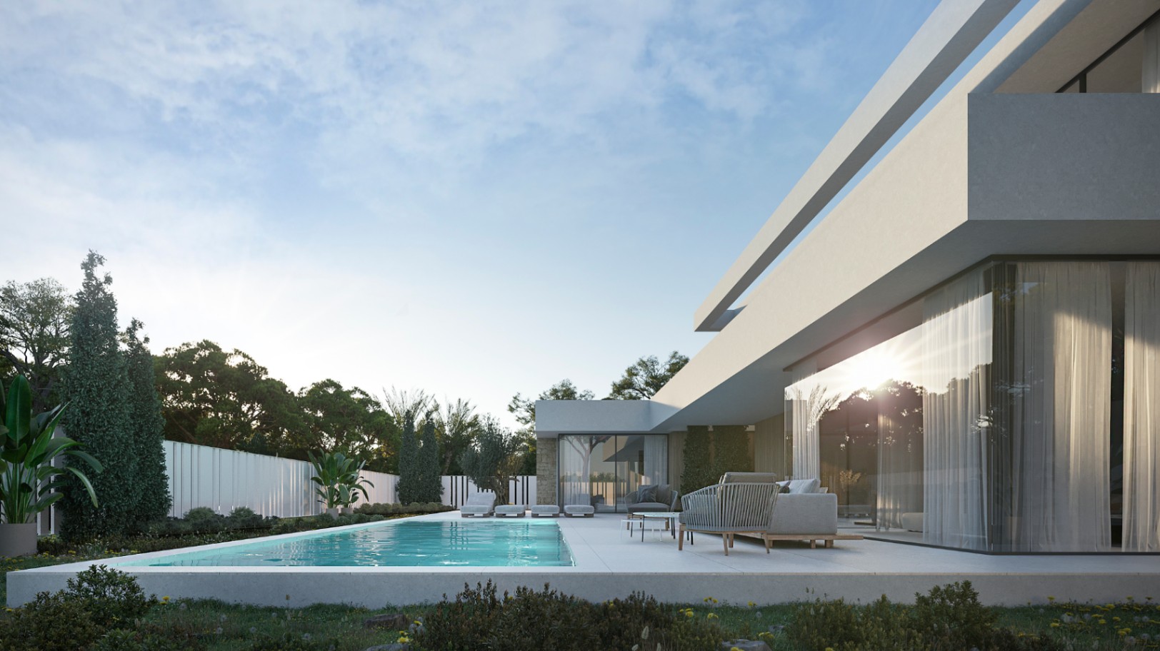 Exterior moderno con piscina rectangular, terraza pavimentada y mobiliario contemporáneo junto a grandes ventanales que integran el jardín con la vivienda.