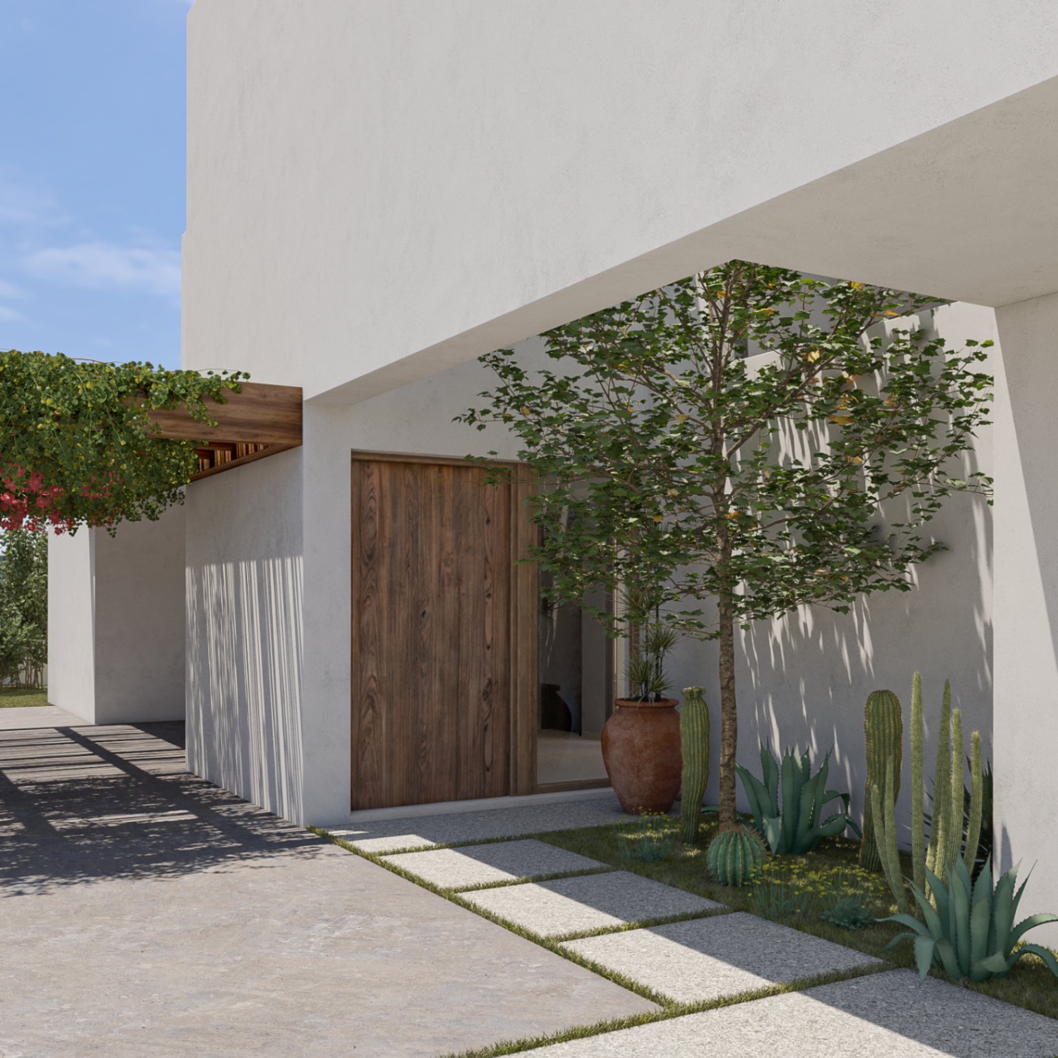 Entrada moderna con puerta de madera y vegetación xerófila.