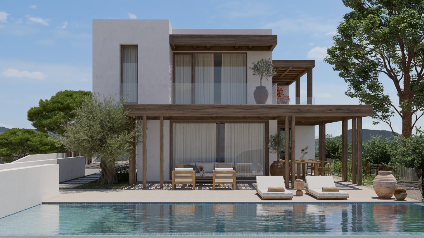 Vista exterior de la villa con piscina, terrazas cubiertas con estructura de madera y jardín mediterráneo.