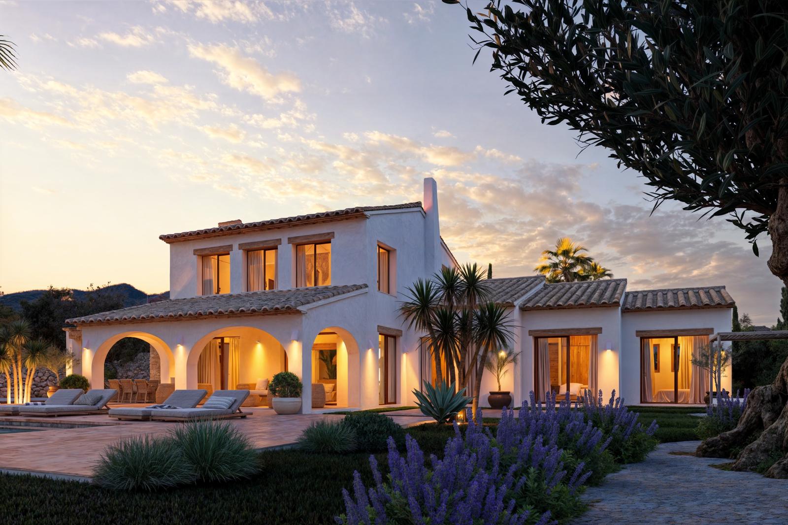 Exterior de la villa al atardecer con fachada blanca, arcos tradicionales, tejado de barro y jardines mediterráneos con lavanda junto a la terraza de terracota.