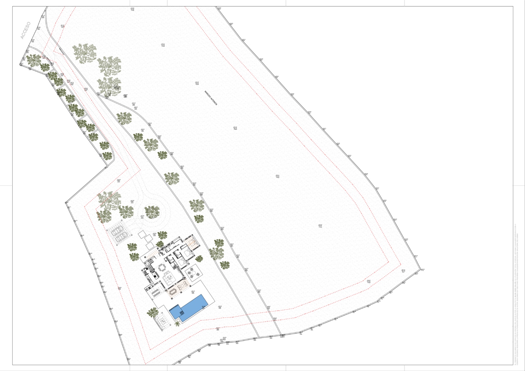 Plano técnico de la parcela que detalla la ubicación de la villa, la piscina, los accesos y la gran extensión de terreno destinada al cultivo de vid.