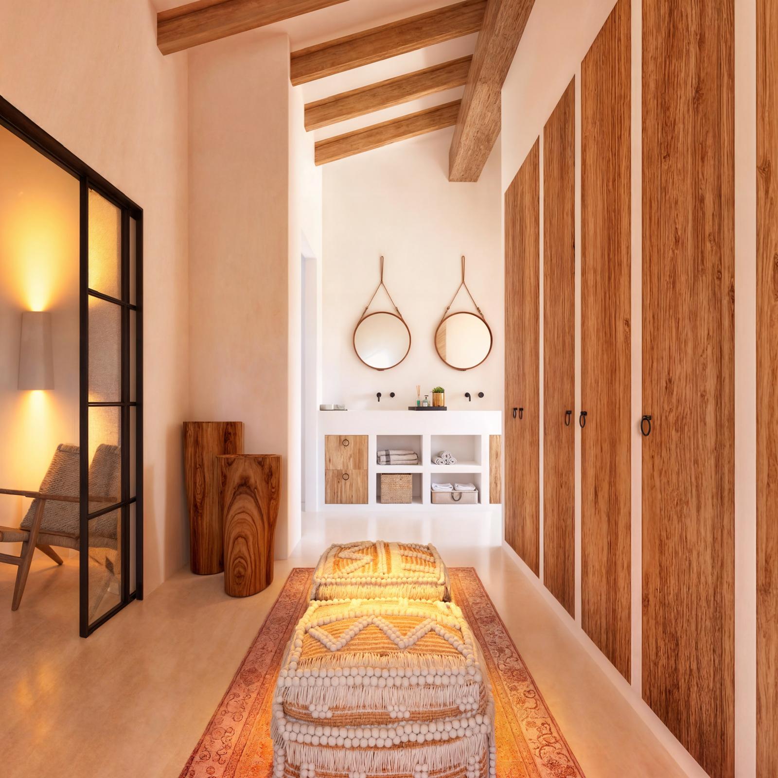 Vestidor con vigas de madera vista, armarios empotrados y zona de lavabo doble con espejos circulares. Incluye cerramientos de perfilería negra y acabados de estilo rústico mediterráneo.