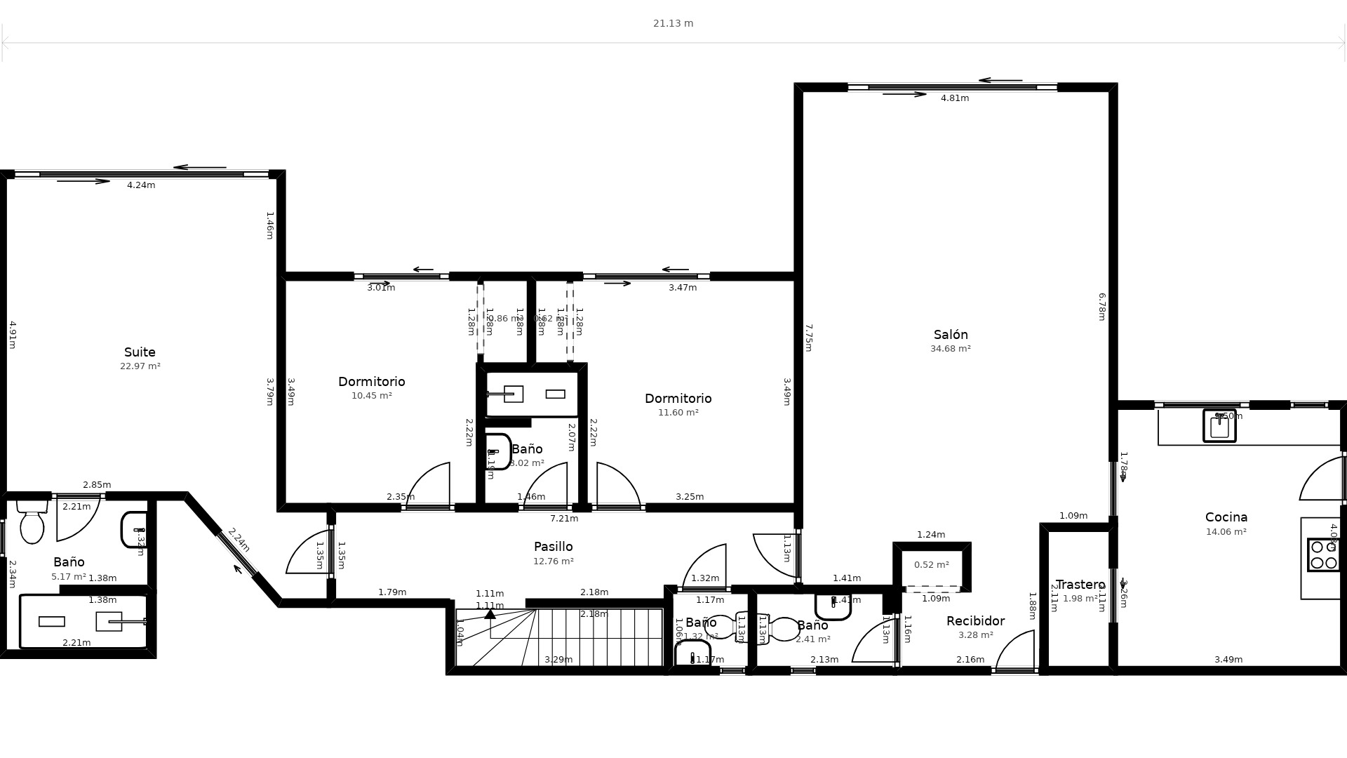 Plano detallado de la planta principal que muestra la distribución del salón de 34 m², cocina independiente, suite principal y dormitorios con sus dimensiones exactas.