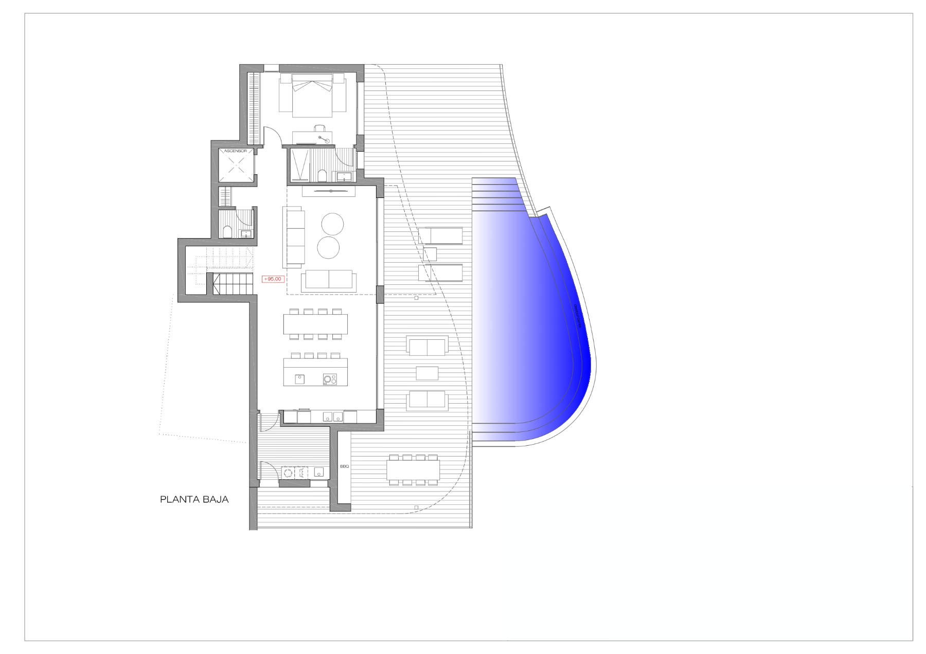 Plano técnico de la planta baja que detalla la zona de estar de concepto abierto, cocina con isla, un dormitorio en suite y la gran terraza con piscina de forma orgánica.