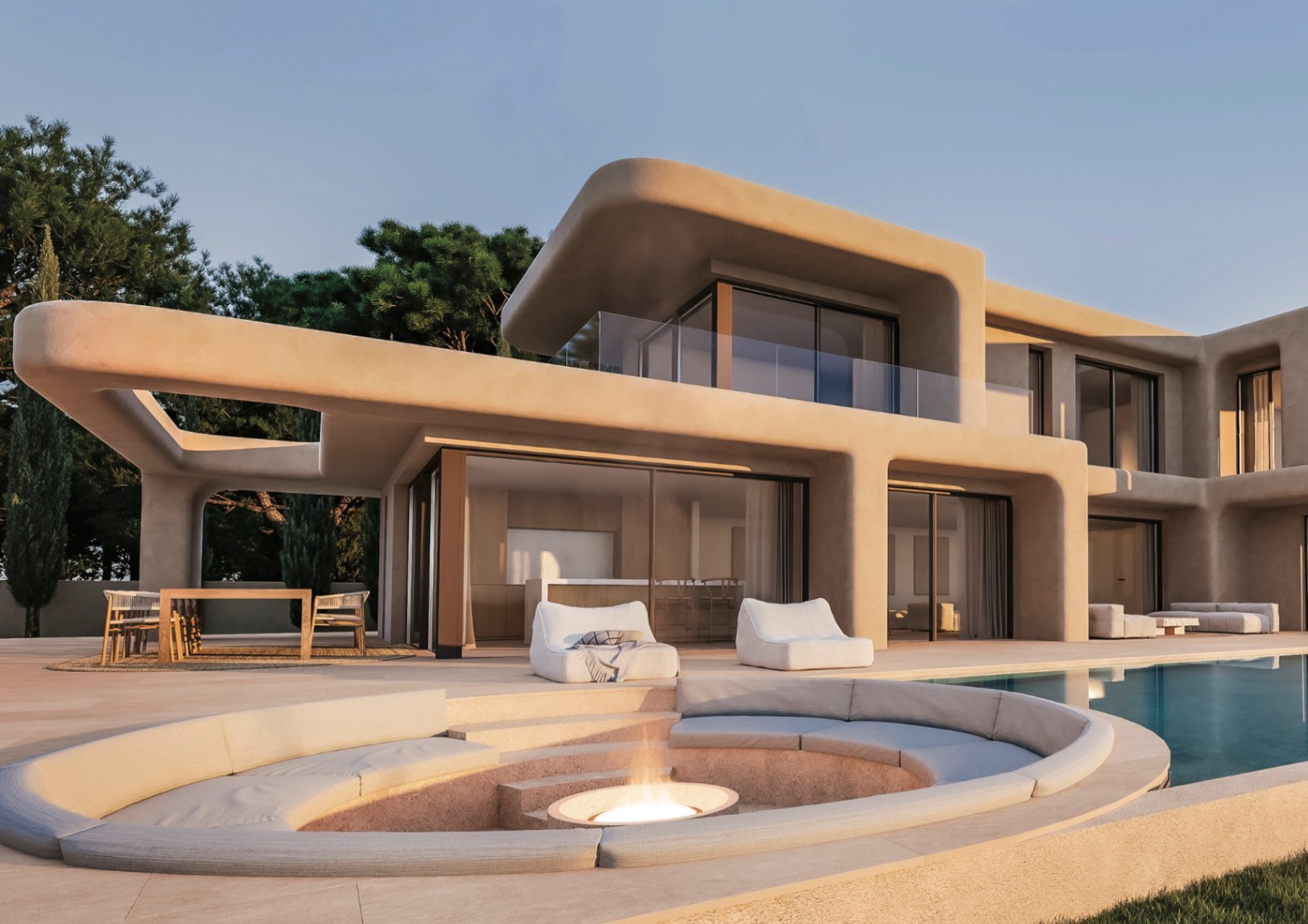 Terraza exterior con zona de estar circular hundida y brasero integrado, junto a una piscina de borde infinito y arquitectura orgánica en tonos arena.