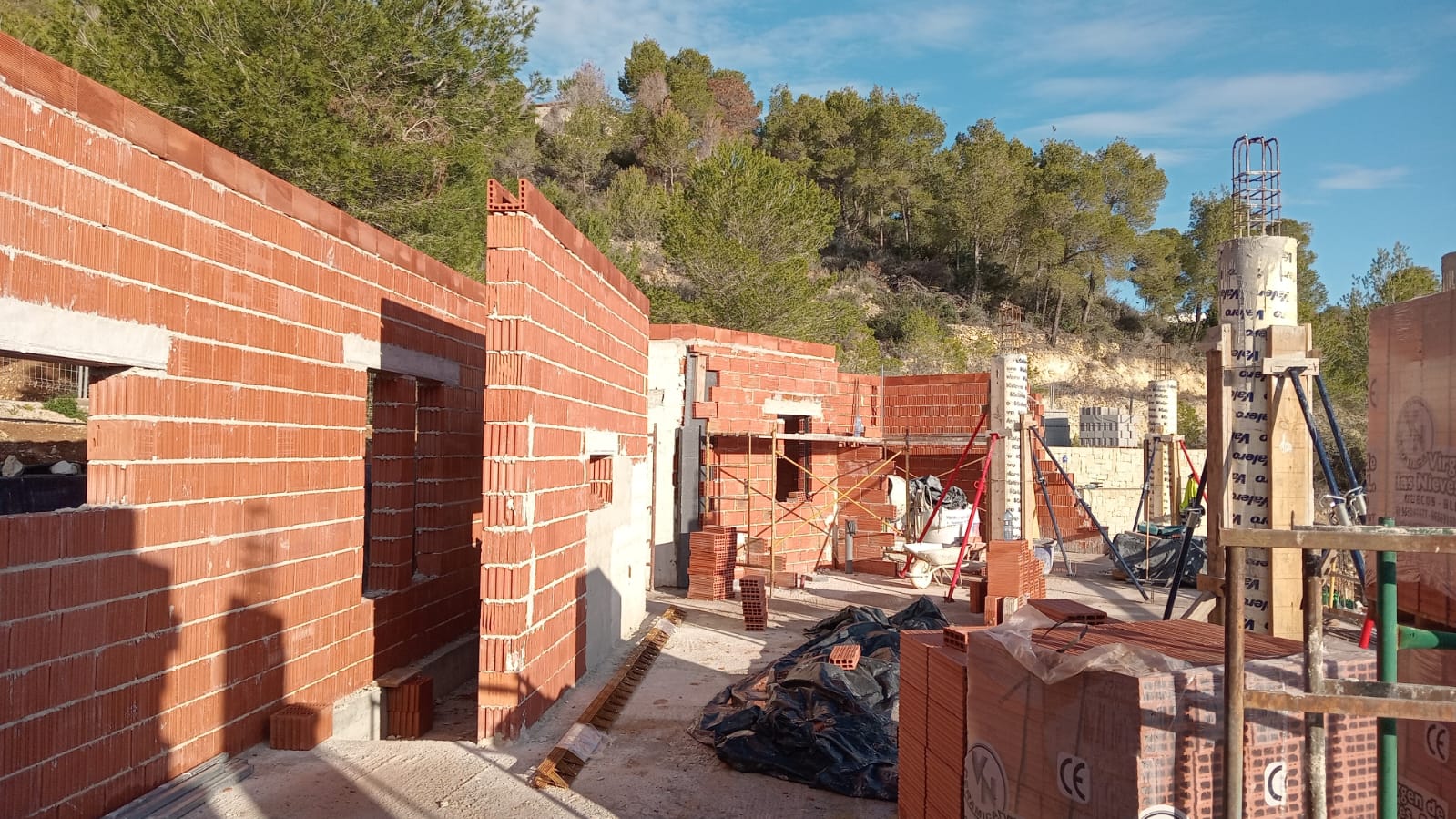 Estado actual de la construcción mostrando los muros de termoarcilla y pilares de hormigón rodeados de un entorno natural de pinos en Jávea.