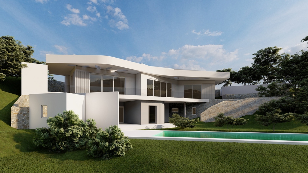 Vista exterior de la villa contemporánea con fachada blanca, cubiertas curvas y grandes ventanales. Incluye piscina rectangular y jardín aterrazado con muros de piedra natural.