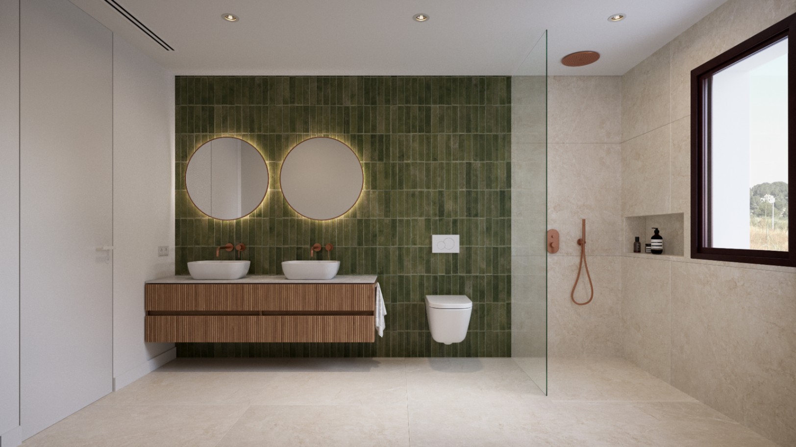 Baño de diseño con pared de azulejos verdes, lavabo doble sobre mueble de madera de listones y ducha italiana con grifería en tonos cobre y mampara de cristal.