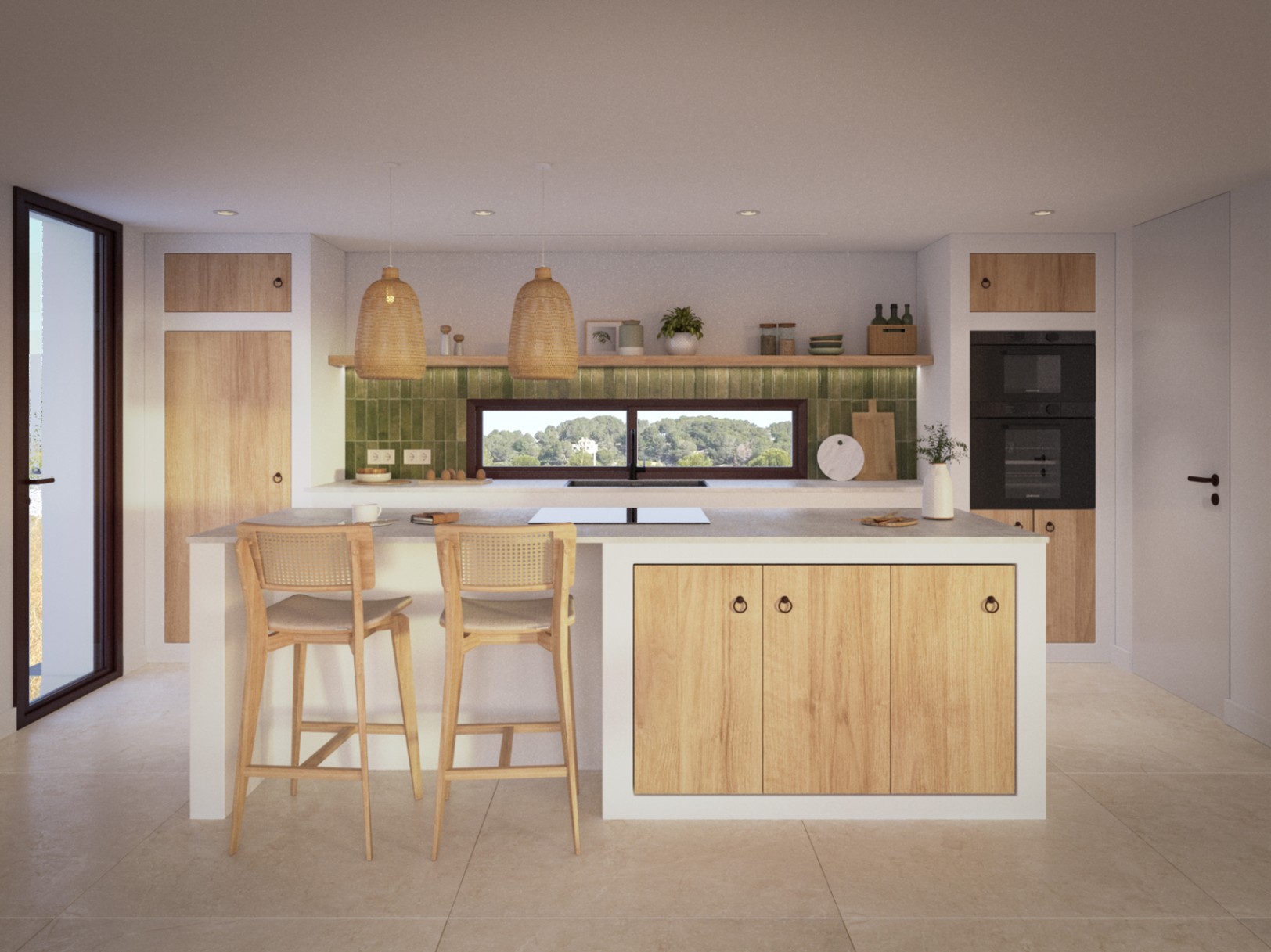 Cocina de concepto abierto con isla central, mobiliario de roble y frontal de azulejos verdes. Incluye un ventanal panorámico y lámparas colgantes de fibras naturales.