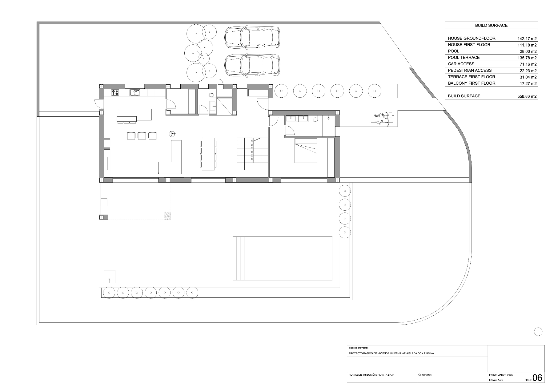 Plano técnico detallado de la planta baja que muestra la distribución diáfana del salón, cocina, un dormitorio en suite y la amplia zona exterior con piscina y parking.