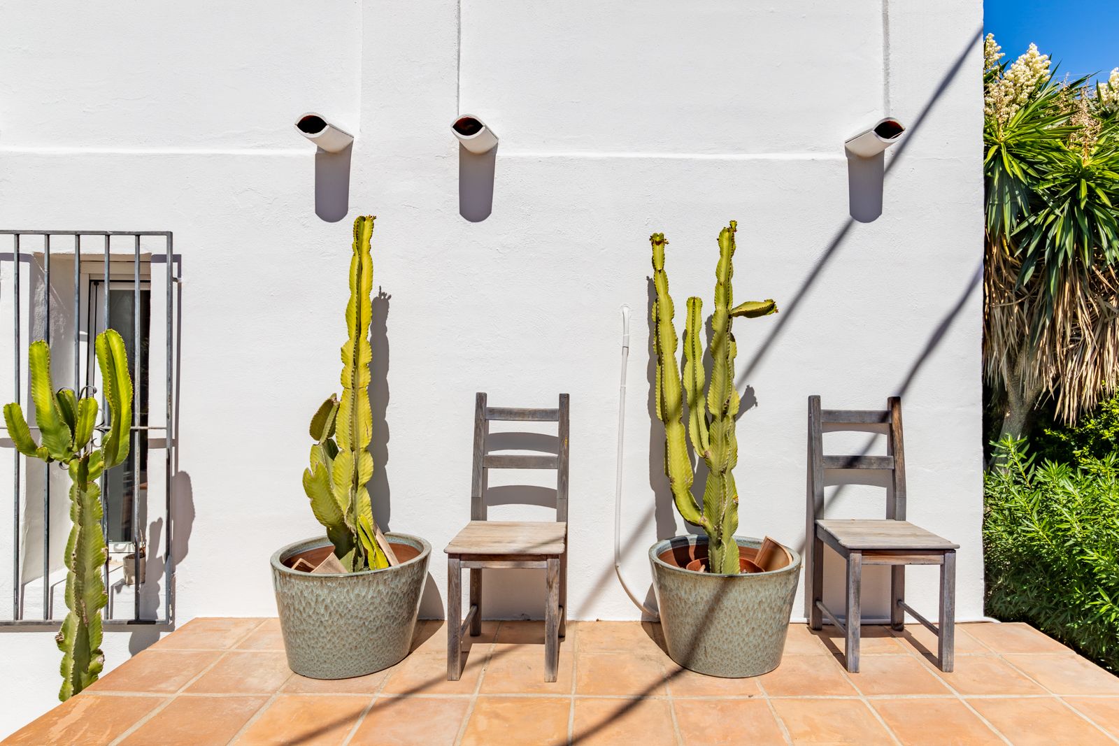 Fachada blanca de estilo mediterráneo con suelos de barro cocido, sillas de madera rústica y cactus en macetas cerámicas bajo la luz natural del sol.