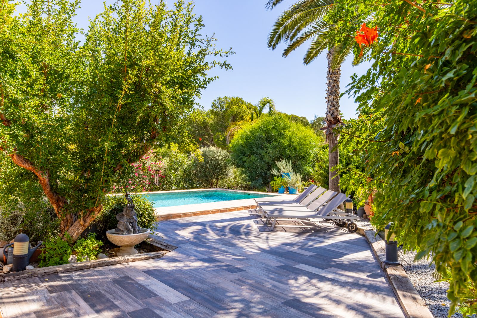 Terraza de gres con efecto madera junto a la piscina, rodeada de vegetación madura, palmeras y tumbonas grises en un entorno privado y soleado.