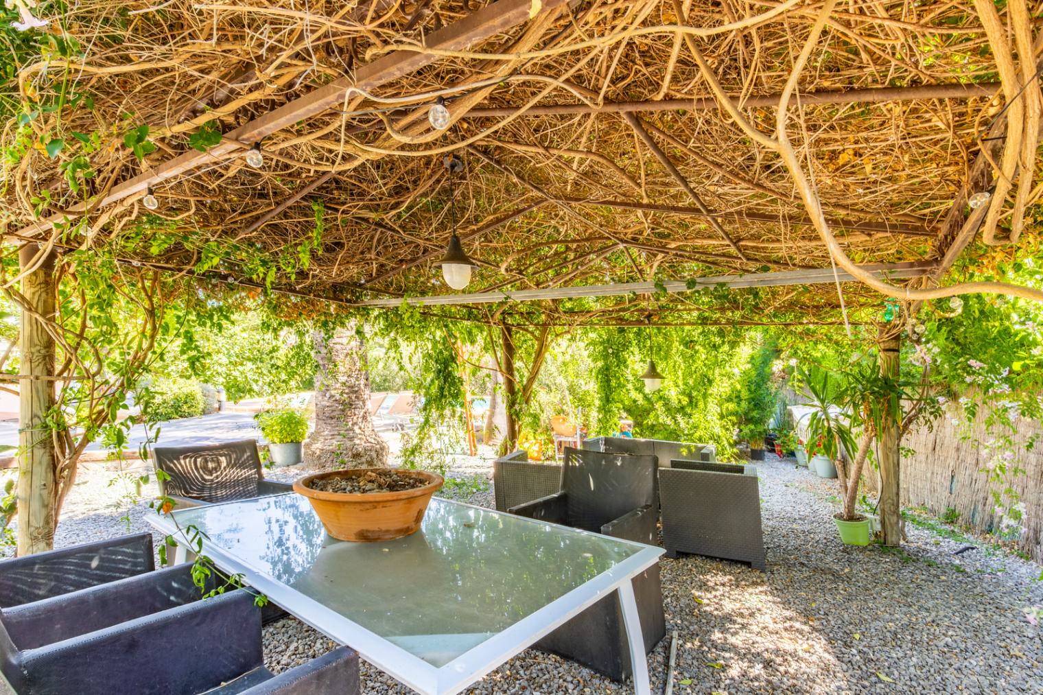 Terraza exterior sombreada por una pérgola natural de densas enredaderas, equipada con mesa de cristal, sillones de ratán y suelo de grava en un entorno de jardín mediterráneo.