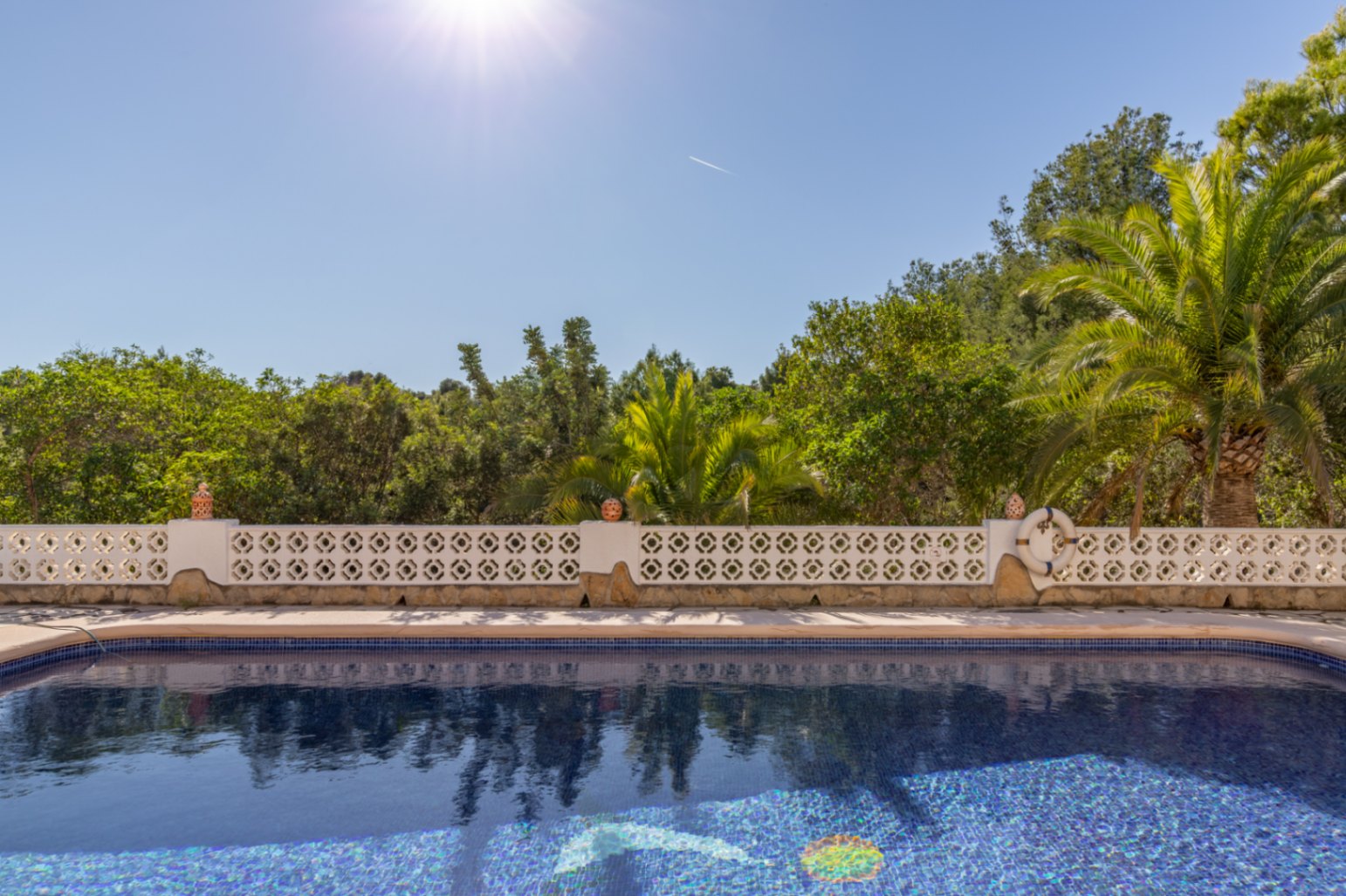 Piscina de gresite azul con orientación sur, delimitada por una balaustrada blanca decorativa y rodeada de vegetación mediterránea madura bajo un cielo despejado.