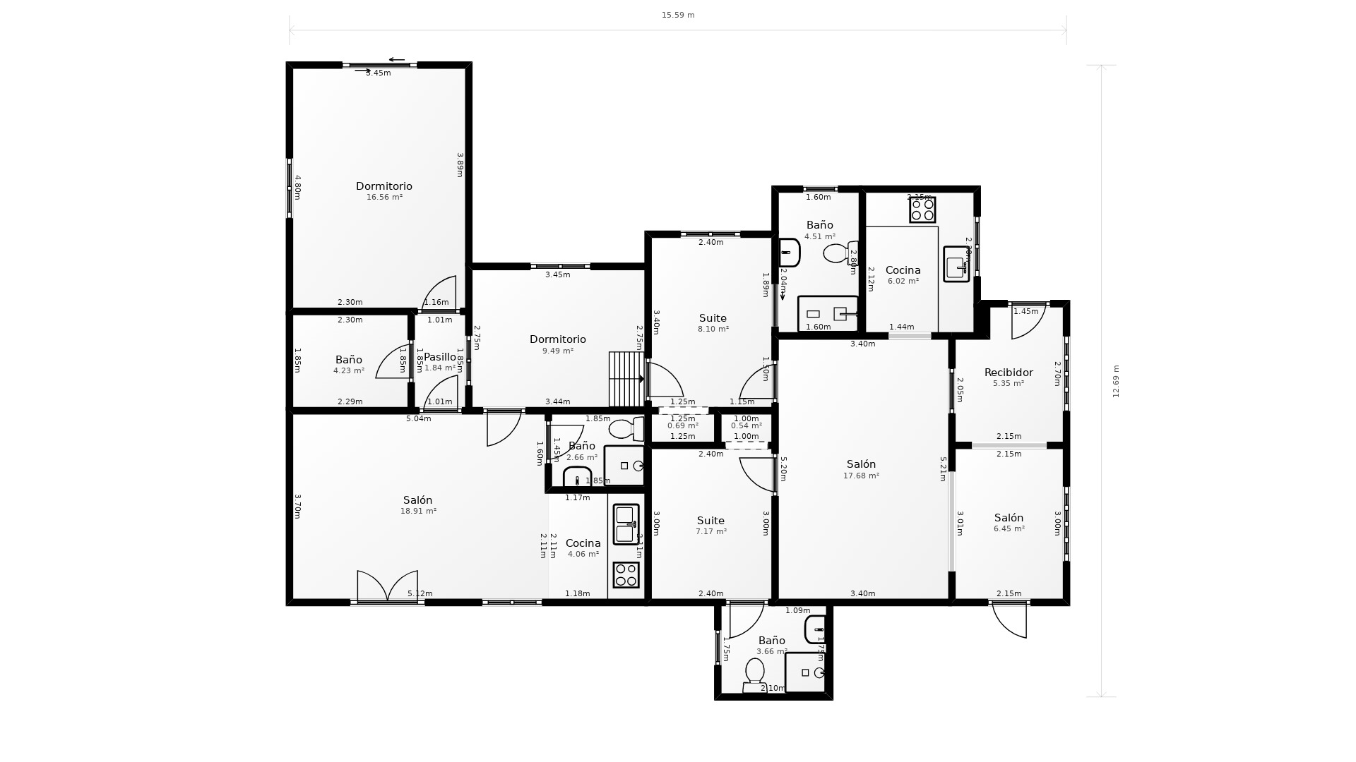 Plano detallado de la distribución interior que muestra la vivienda principal y el apartamento independiente con sus respectivas estancias, medidas y superficies.