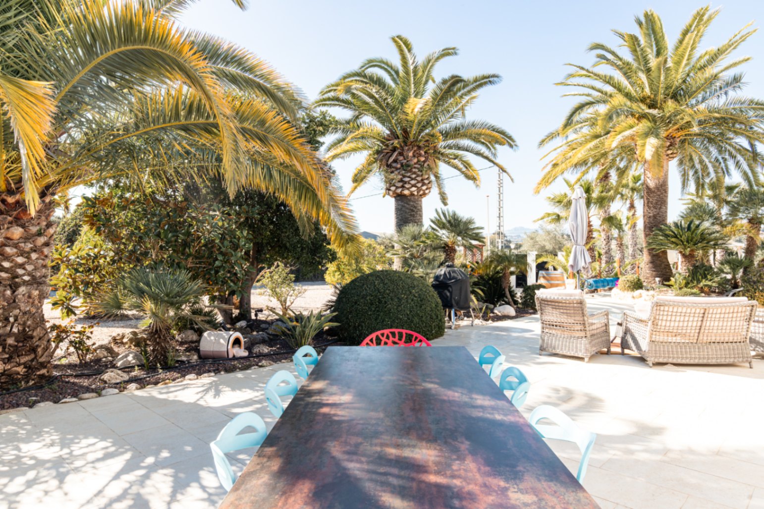 Terraza exterior con mesa de comedor de diseño y sillas modernas, rodeada de palmeras maduras y zona de estar con sofás de ratán en un jardín mediterráneo cuidado.