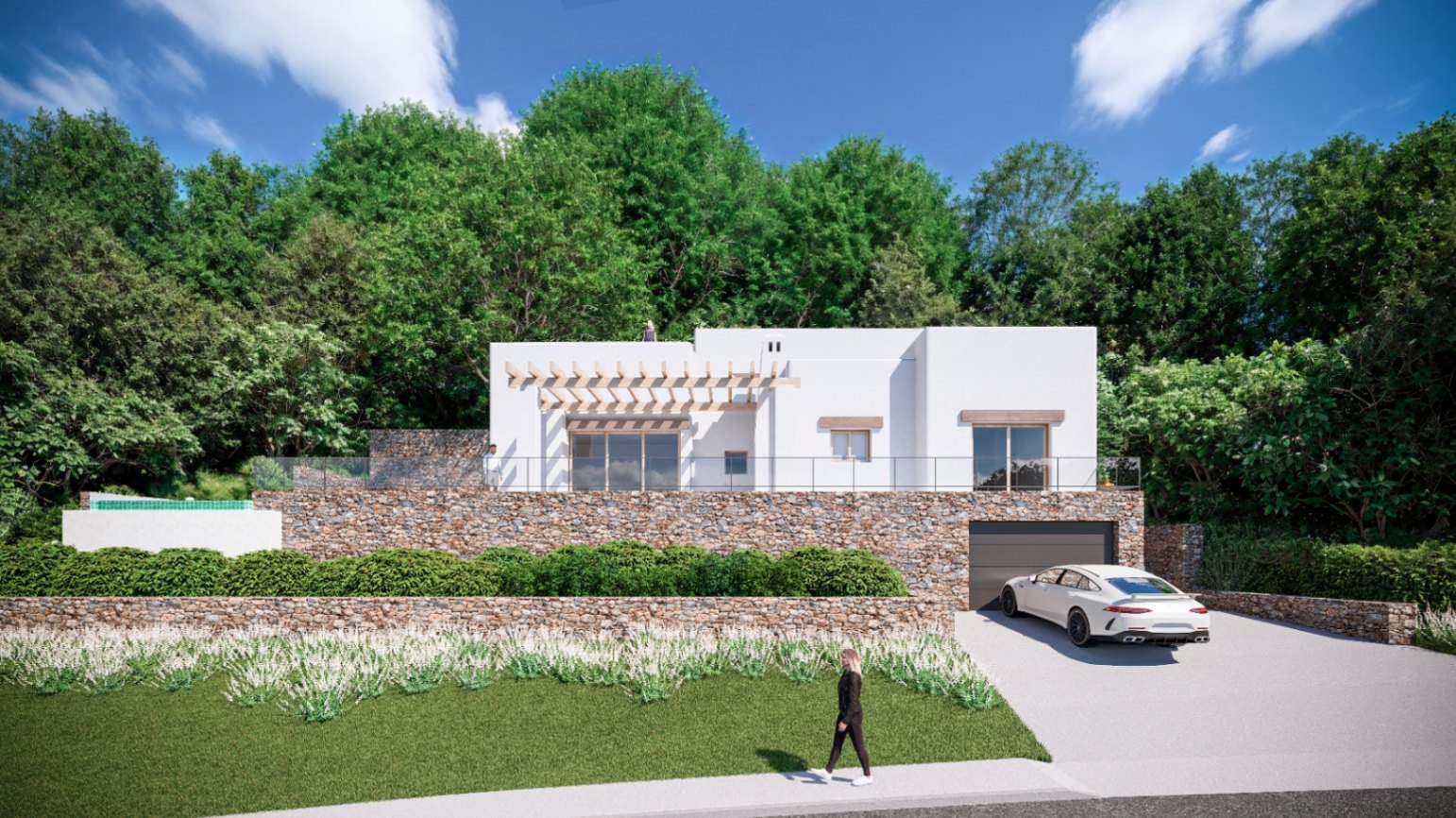 Fachada de estilo ibicenco con muros de piedra natural, pérgola de madera y garaje integrado bajo la terraza principal con barandillas de cristal.
