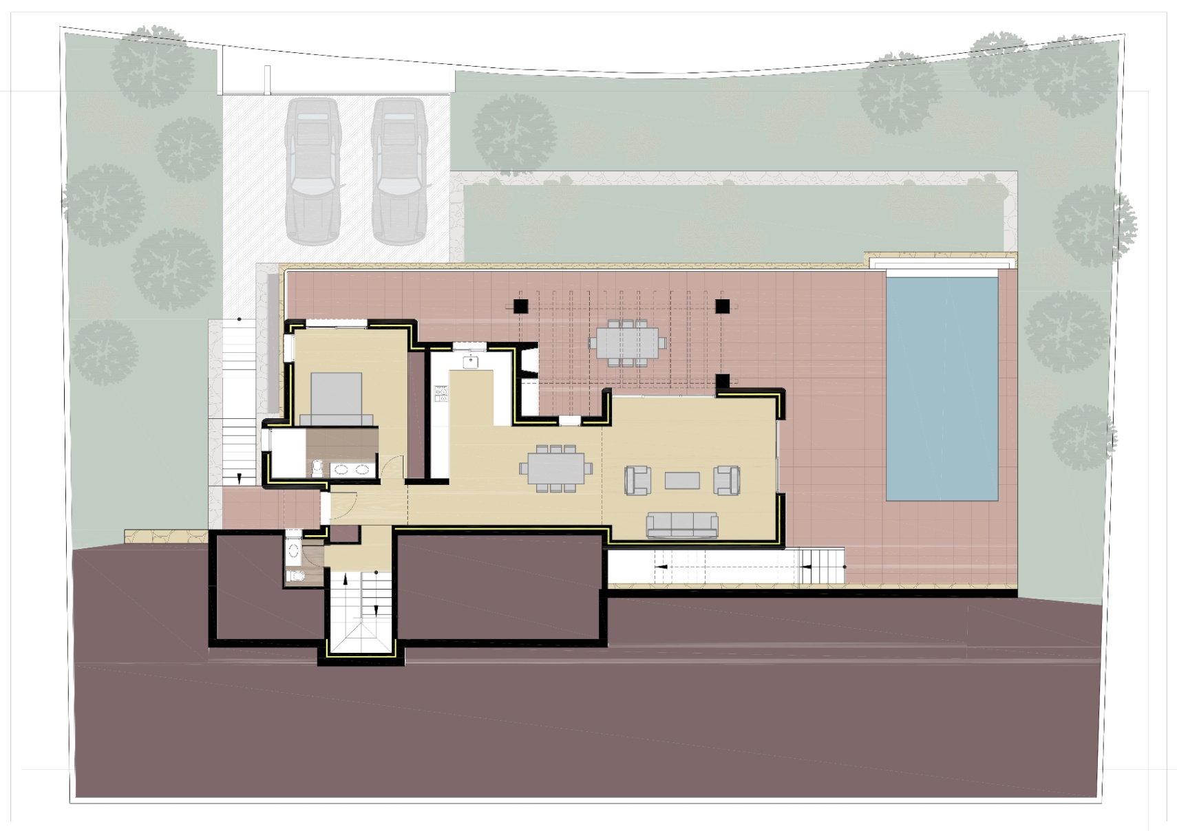 Plano detallado de la planta baja que muestra la distribución abierta de salón-comedor, cocina, un dormitorio en suite, terraza perimetral con piscina y zona de aparcamiento doble.