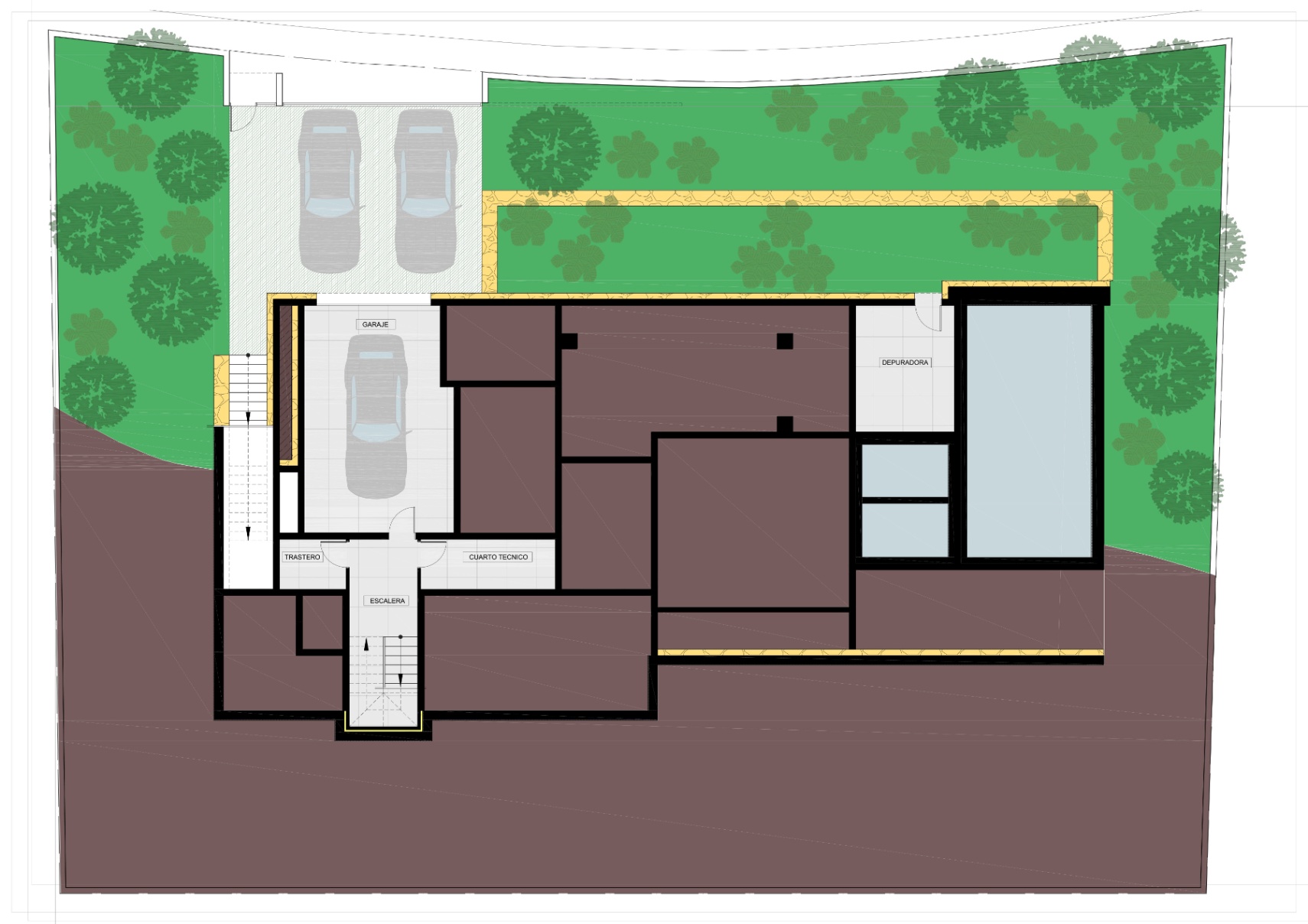 Plano técnico de la planta sótano que detalla el garaje privado, trastero, cuarto técnico y zona de depuradora, integrado en una parcela con zonas verdes.