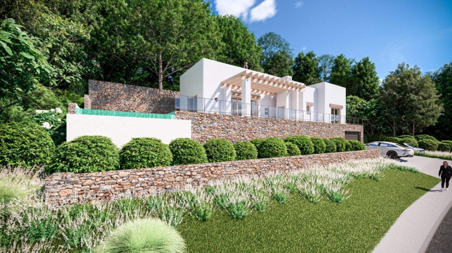 Vista exterior de la villa con muros de piedra natural, terraza superior con pérgola de madera y piscina integrada rodeada de vegetación mediterránea.