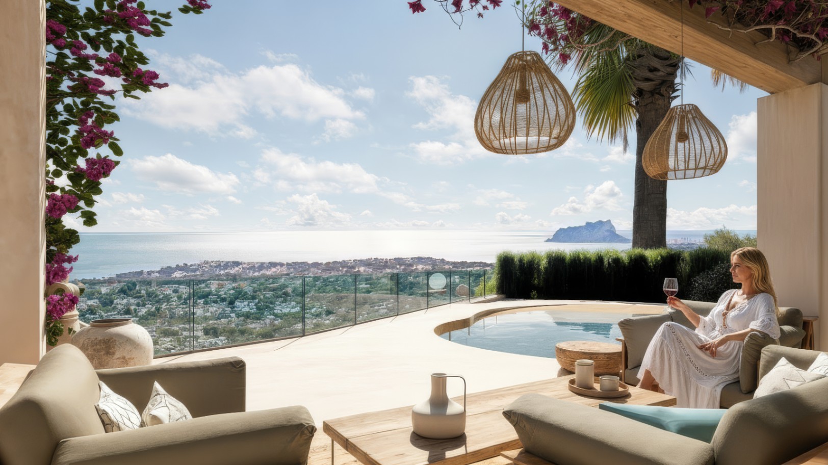 Terraza cubierta con vigas de madera, mobiliario lounge y vistas panorámicas al mar y al Peñón de Ifach junto a la piscina de borde infinito.