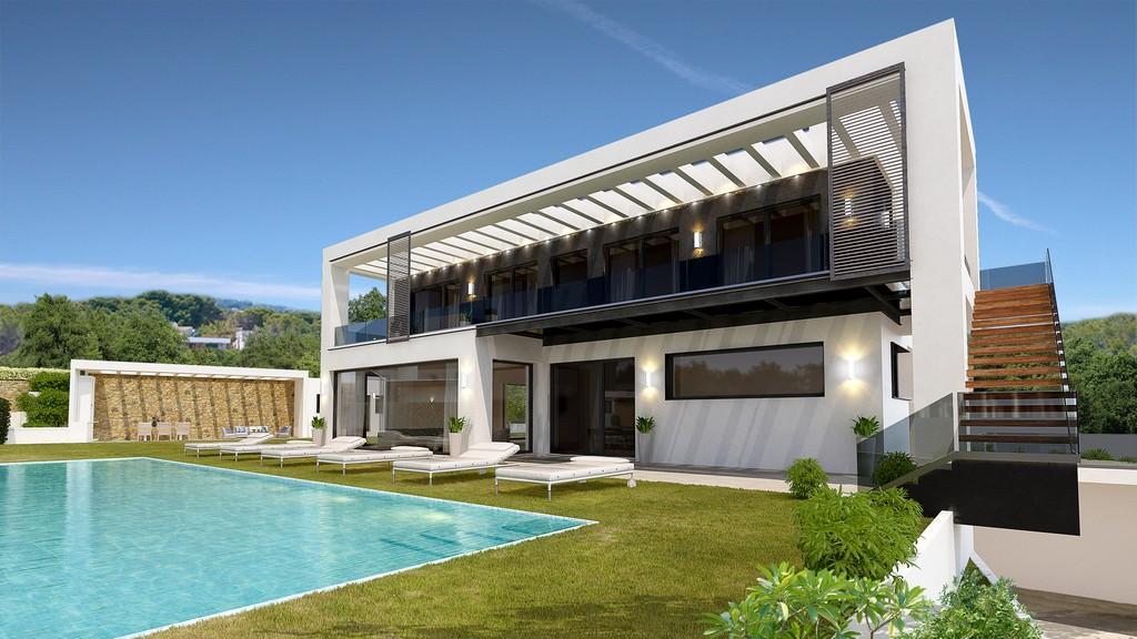 Render exterior de villa moderna con piscina rectangular, fachada blanca y amplios ventanales. Incluye terraza superior con barandillas de cristal y zona de jardín con tumbonas.