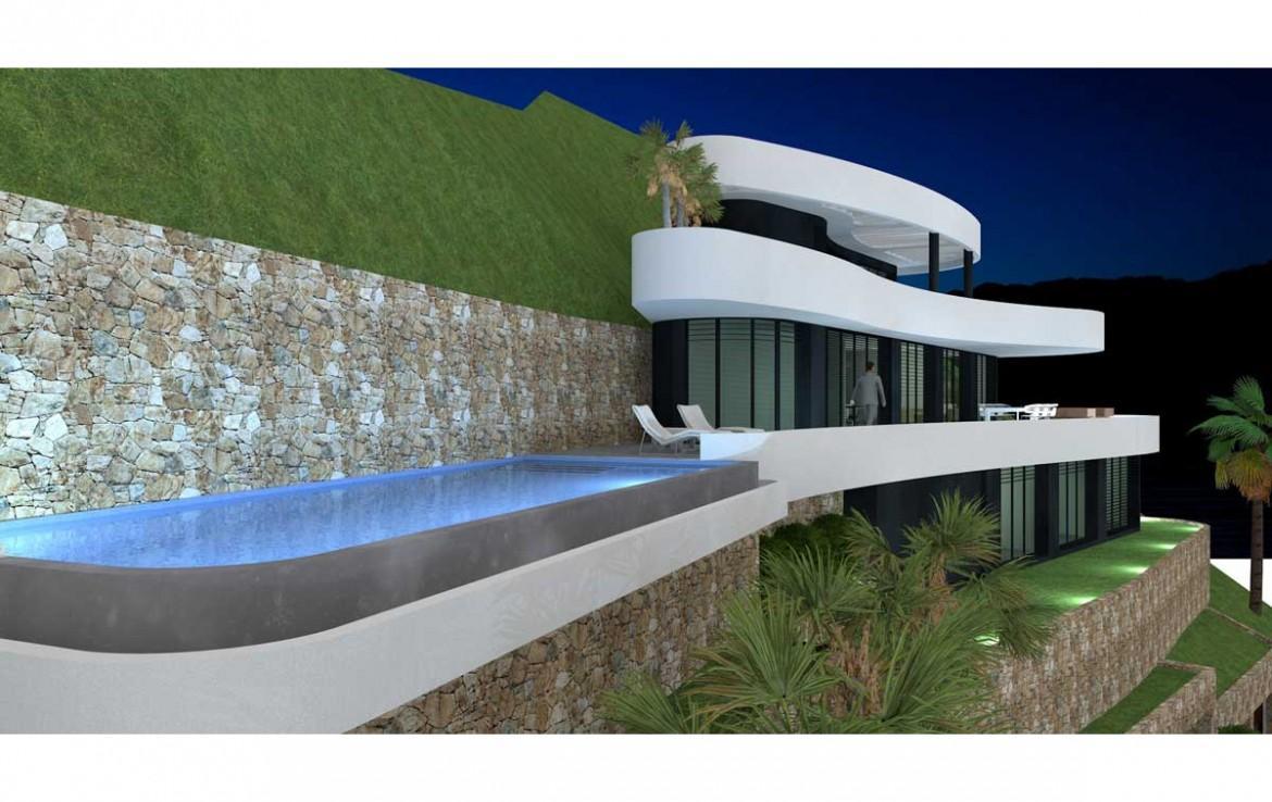 Exterior nocturno con piscina infinita iluminada, terrazas curvas de diseño minimalista y muros de piedra natural integrados en la arquitectura.