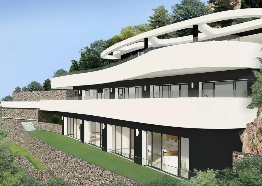 Fachada exterior de tres niveles con diseño minimalista, líneas curvas blancas y amplios ventanales de suelo a techo integrados en muros de piedra natural.