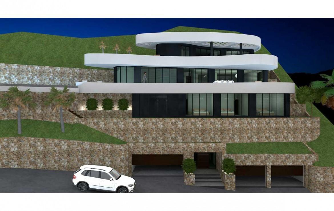 Fachada exterior de tres niveles con terrazas curvas blancas, amplios ventanales y muros de piedra natural. Incluye acceso a dos garajes dobles en la planta inferior.