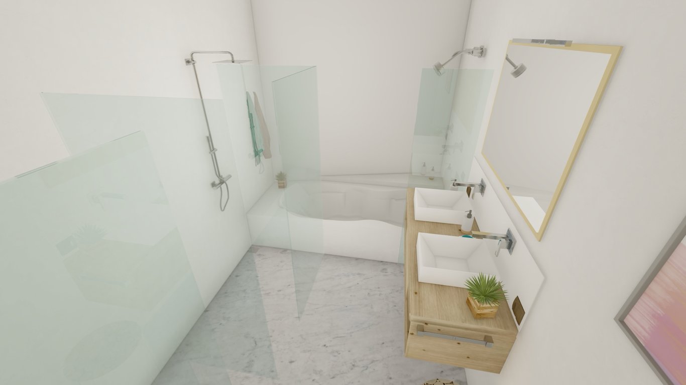 Baño moderno con lavabo doble sobre mueble de madera flotante, ducha con mamparas de cristal y bañera integrada. Presenta suelos de mármol y grifería cromada minimalista.