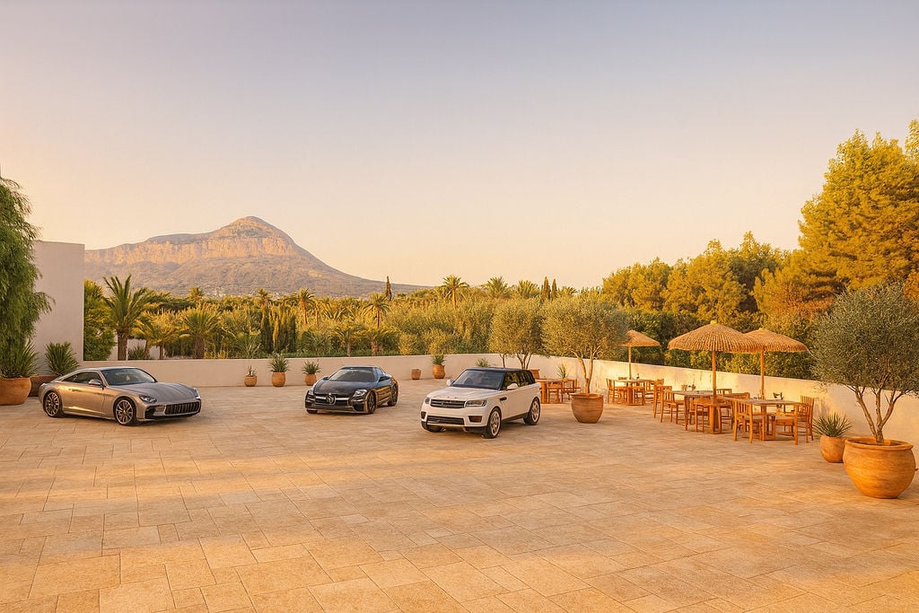 Amplia terraza pavimentada con vistas directas al Montgó, zona de comedor exterior con mobiliario de madera y sombrillas de paja bajo luz de atardecer.