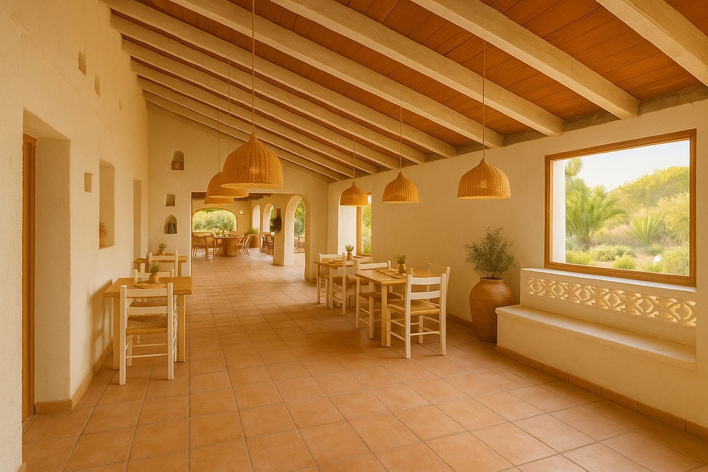 Amplio salón comedor con techos de vigas de madera, suelos de terracota y lámparas de mimbre. Grandes ventanales ofrecen vistas al jardín mediterráneo circundante.