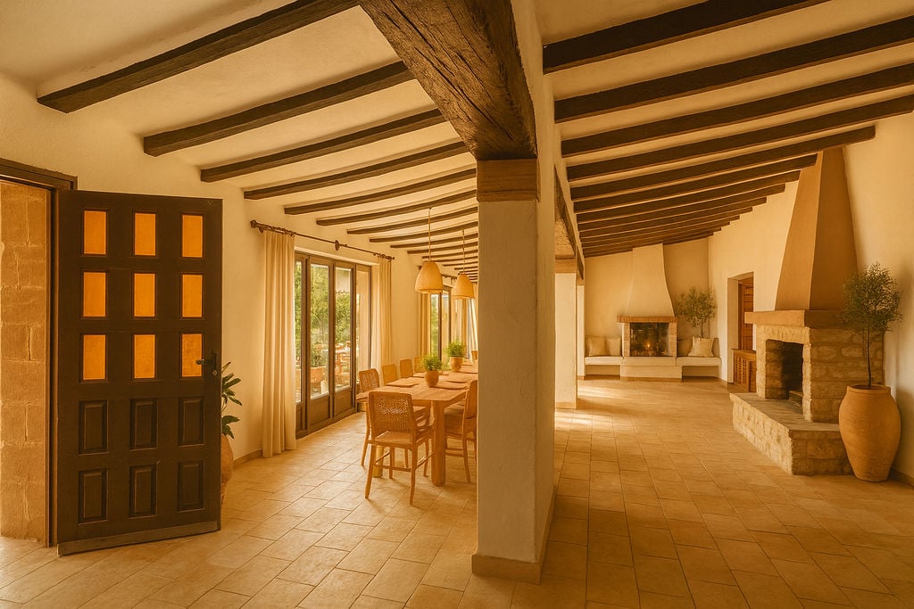 Amplio salón rústico con vigas de madera a la vista, suelos de terracota y dos chimeneas de piedra natural integradas en un espacio diáfano y luminoso.