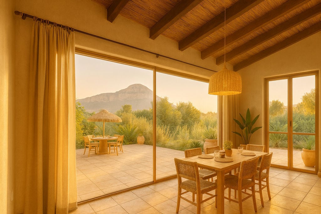 Comedor interior con vigas de madera y techos de cañizo, conectado a una terraza con vistas despejadas al Montgó y vegetación mediterránea.