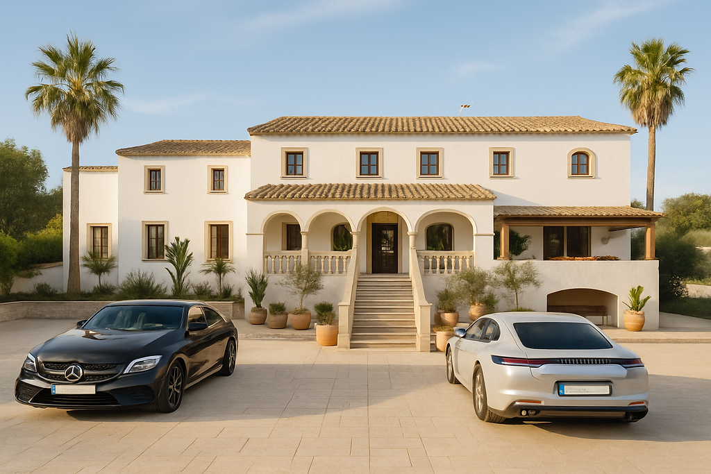Fachada principal de estilo mediterráneo con arquería clásica, escalinata central de piedra y un amplio patio pavimentado flanqueado por palmeras.