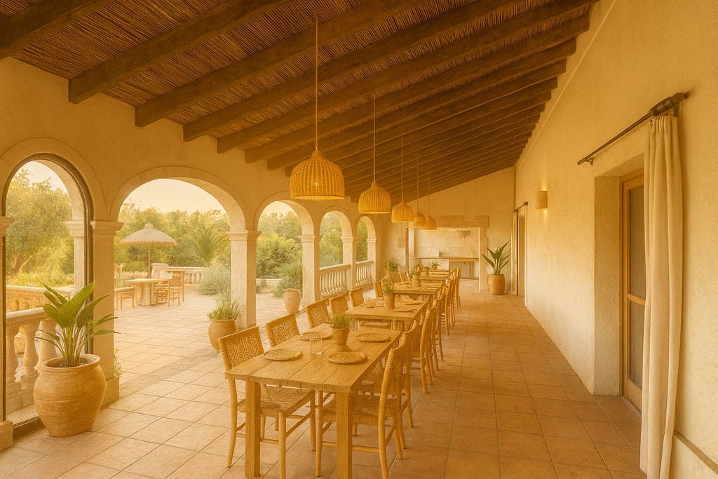 Naya tradicional con arcos de piedra, techos de vigas de madera y cañizo. Dispone de mobiliario de madera y mimbre bajo una iluminación cálida y natural.