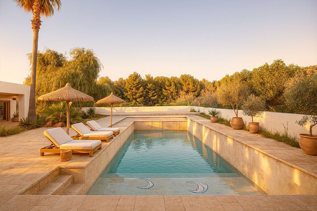 Piscina rectangular revestida en piedra natural con tumbonas de madera, sombrillas de brezo y vistas despejadas hacia un entorno boscoso mediterráneo.