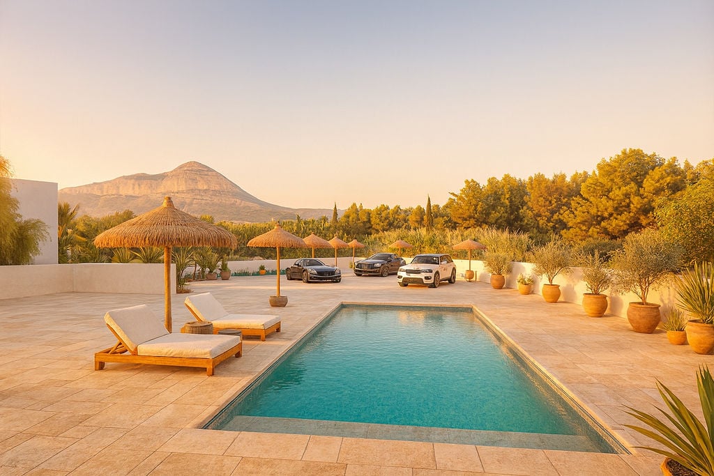 Piscina rectangular rodeada de una terraza de piedra natural con tumbonas de madera, sombrillas de brezo y vistas panorámicas al macizo del Montgó bajo la luz del atardecer.