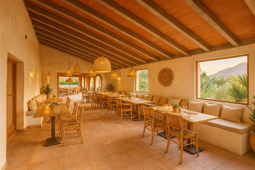 Salón comedor con vigas de madera vista, mobiliario de ratán y ventanales que enmarcan la vegetación mediterránea y vistas a la montaña.