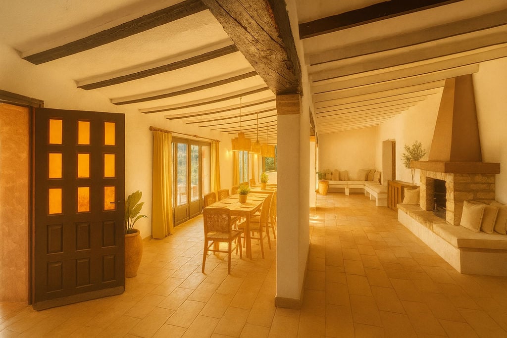Salón rústico con vigas de madera vista, chimenea de piedra con banco integrado y comedor con sillas de mimbre bajo techos inclinados.