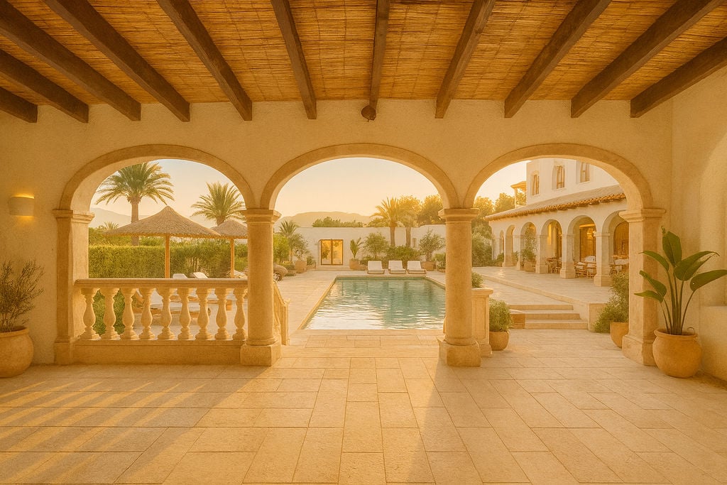 Terraza cubierta con vigas de madera y arcos de piedra que enmarcan la piscina exterior y jardines mediterráneos bajo la luz del atardecer.