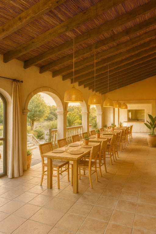 Terraza cubierta con vigas de madera y techo de cañizo, equipada con mesas de madera y lámparas de mimbre frente a una galería de arcos con vistas al jardín.