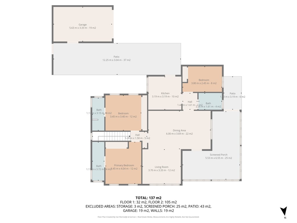 Plano detallado de la villa de 137 m² que muestra la distribución de tres dormitorios con baños, salón-comedor en L, cocina, porche acristalado y garaje.