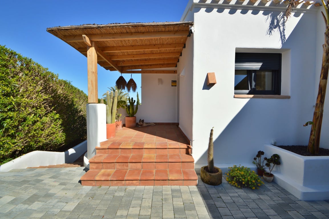 Entrada de estilo ibicenco con porche de madera y cañizo, escalones de terracota y cactus decorativos sobre un pavimento de piedra gris.