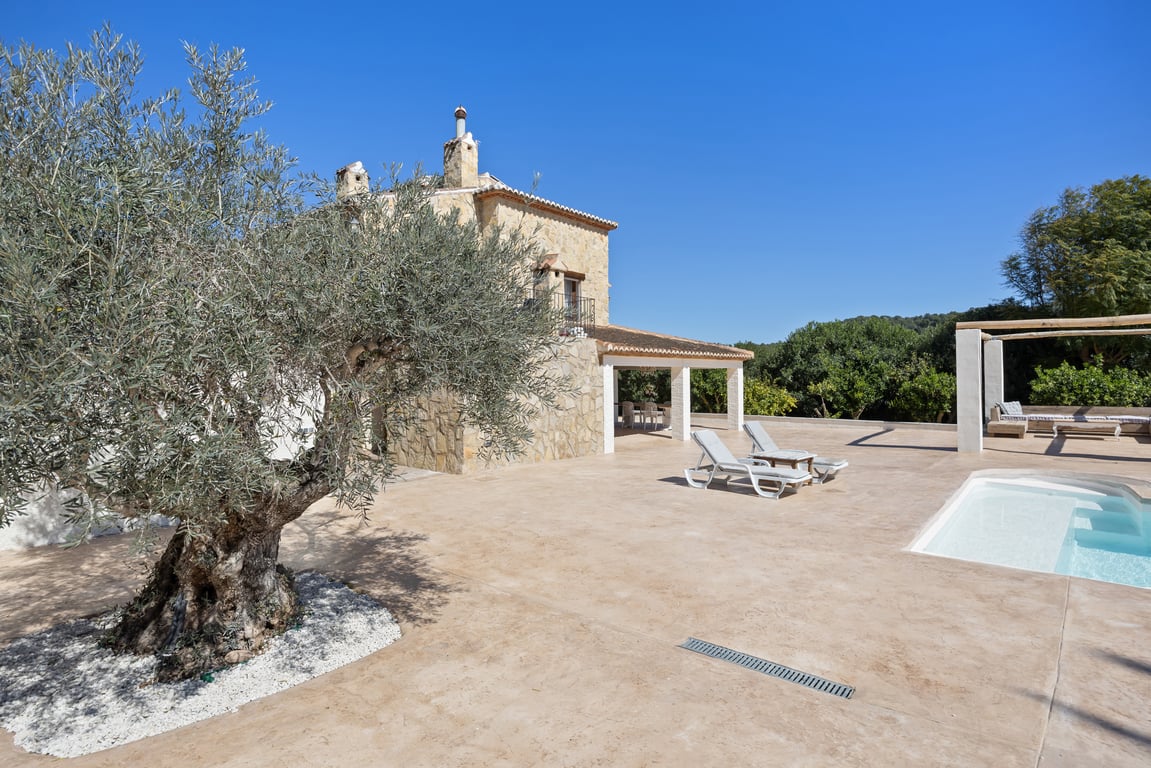 Terraza exterior con piscina, presidida por un olivo centenario y la fachada de piedra natural de la villa, junto a zonas de descanso y naya cubierta.