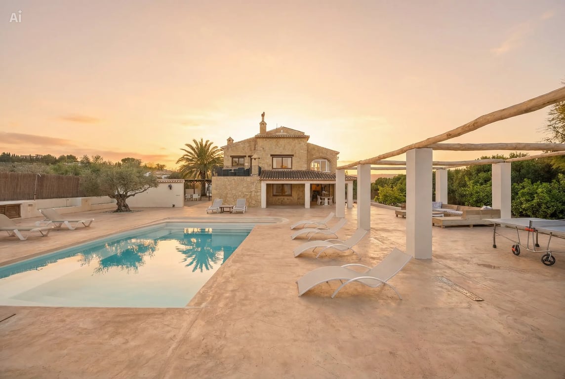 Vista exterior de la villa al atardecer, destacando la piscina de 5x10 metros, la amplia terraza con tumbonas y la pérgola de vigas de madera junto a la fachada de piedra.